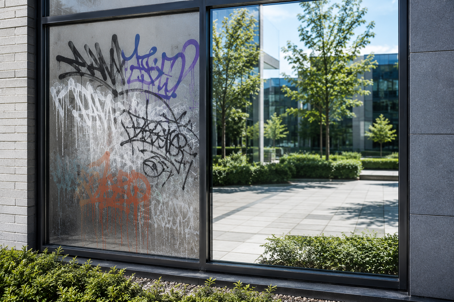 A window at a modern office building with graffiti on the left side and a view of a landscaped courtyard with trees and pathways outside.