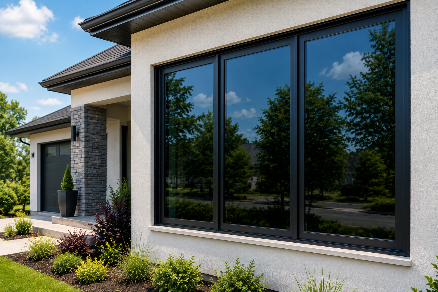 A modern house with large reflective windows, a black garage door, stone and stucco exterior, surrounded by landscaped garden with bushes, plants, and a potted plant near the entrance on a sunny day.