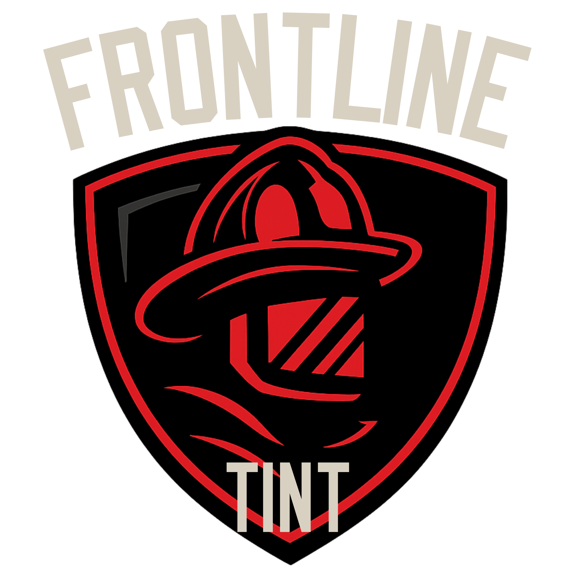 A neon sign featuring the words 'FRONTLINE TINT' with a stylized firefighter's helmet in red and black.