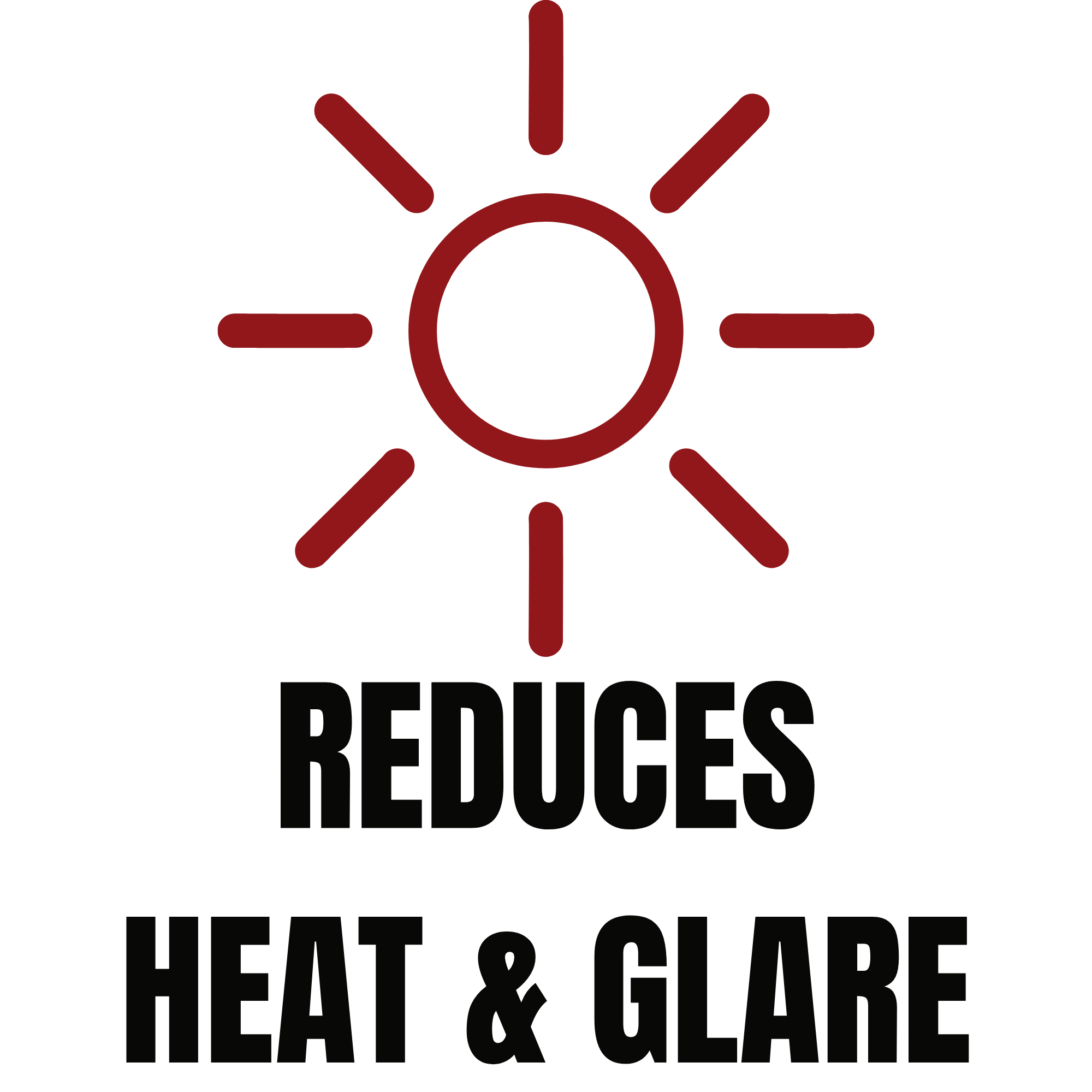The logo for a sun that reads "REDUCES HEAT & GLARE"