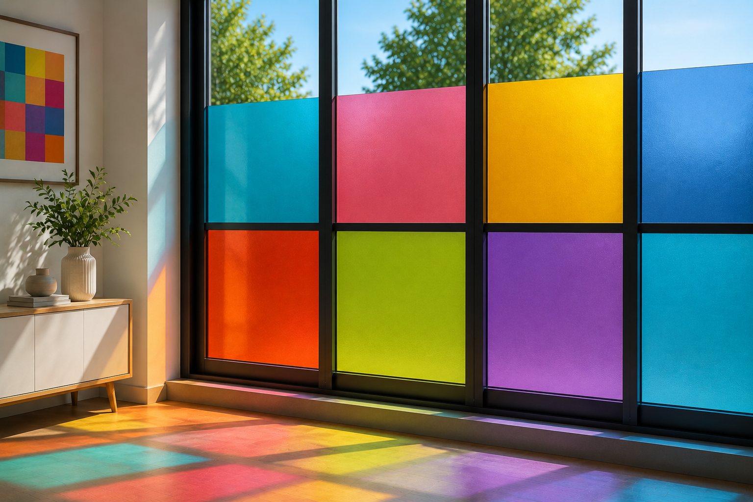 Colorful window with rainbow-colored frosted glass panels in a modern living room, sunlight casting rainbow reflections on the wooden floor.