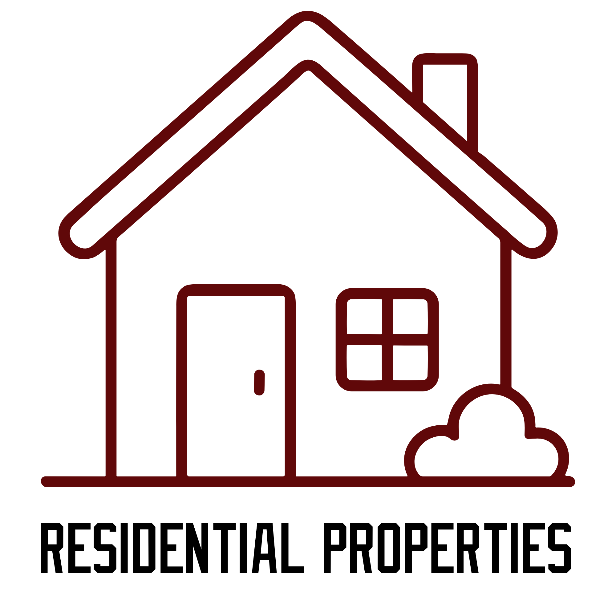 Outline drawing of a house in dark red on black background, featuring a gabled roof, chimney, door, and windows.