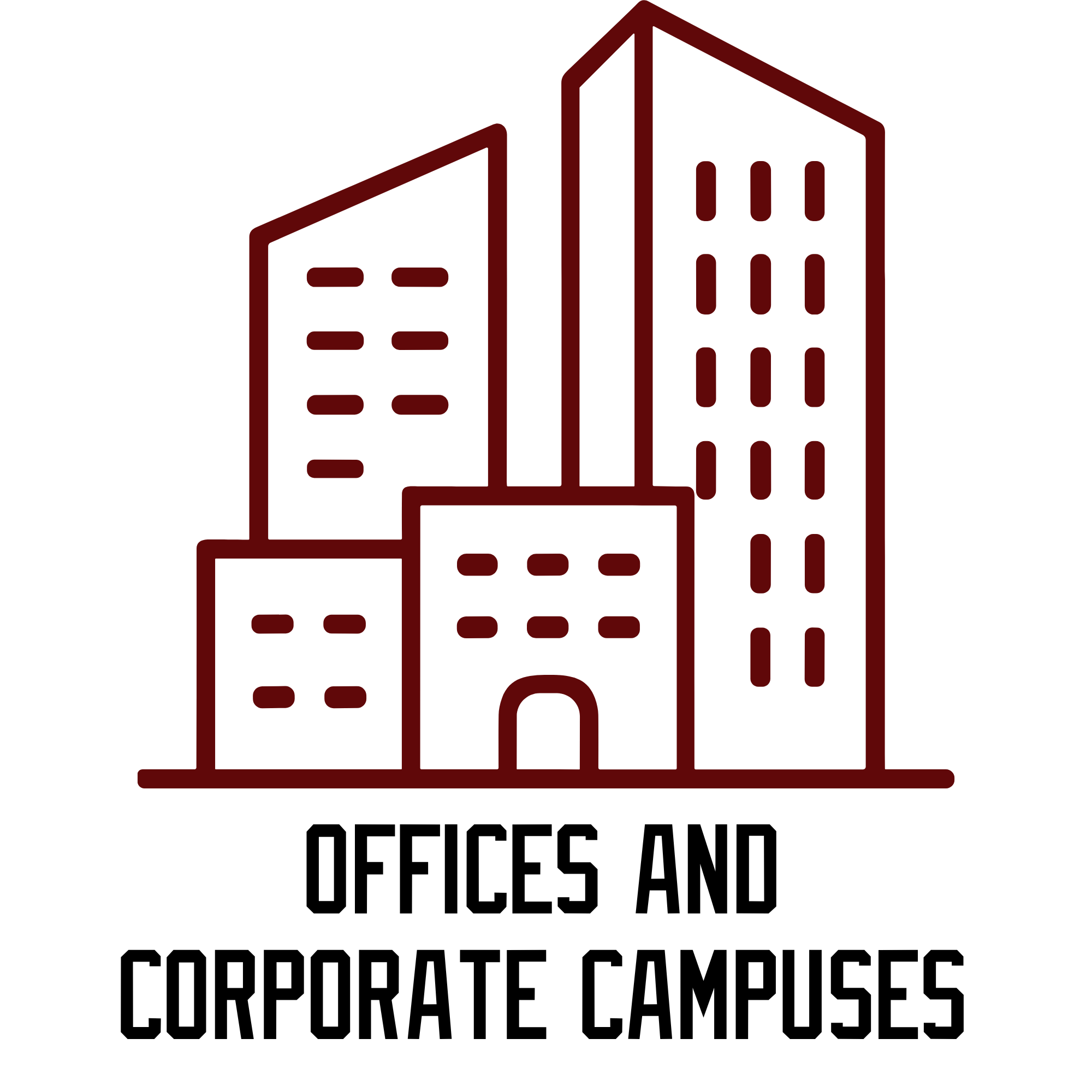 Outline illustration of multiple buildings in red on a black background.