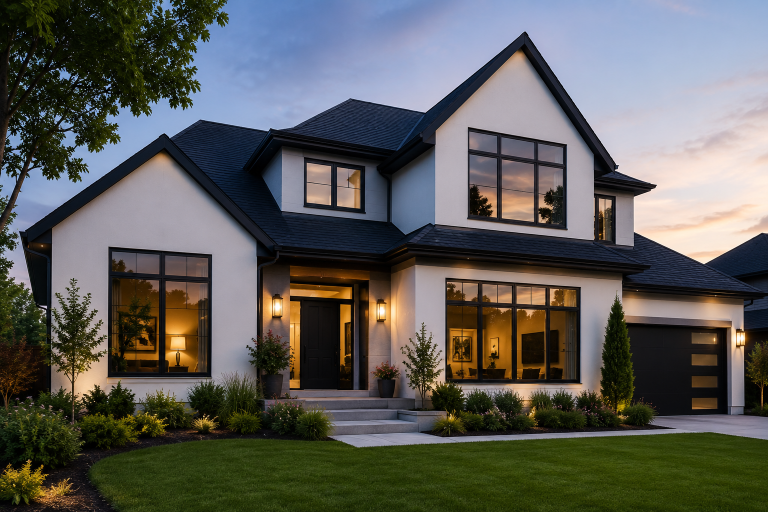 Modern two-story house with white walls, black roof, large windows, front steps, and landscaped yard at sunset.