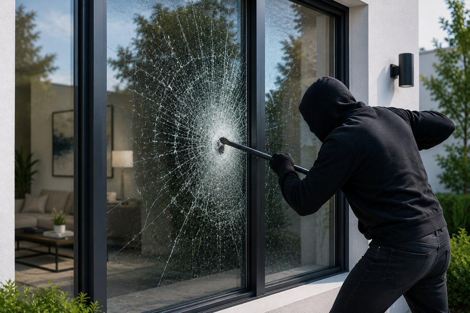A person dressed in black with a hood and gloves breaking a glass window with a crowbar.