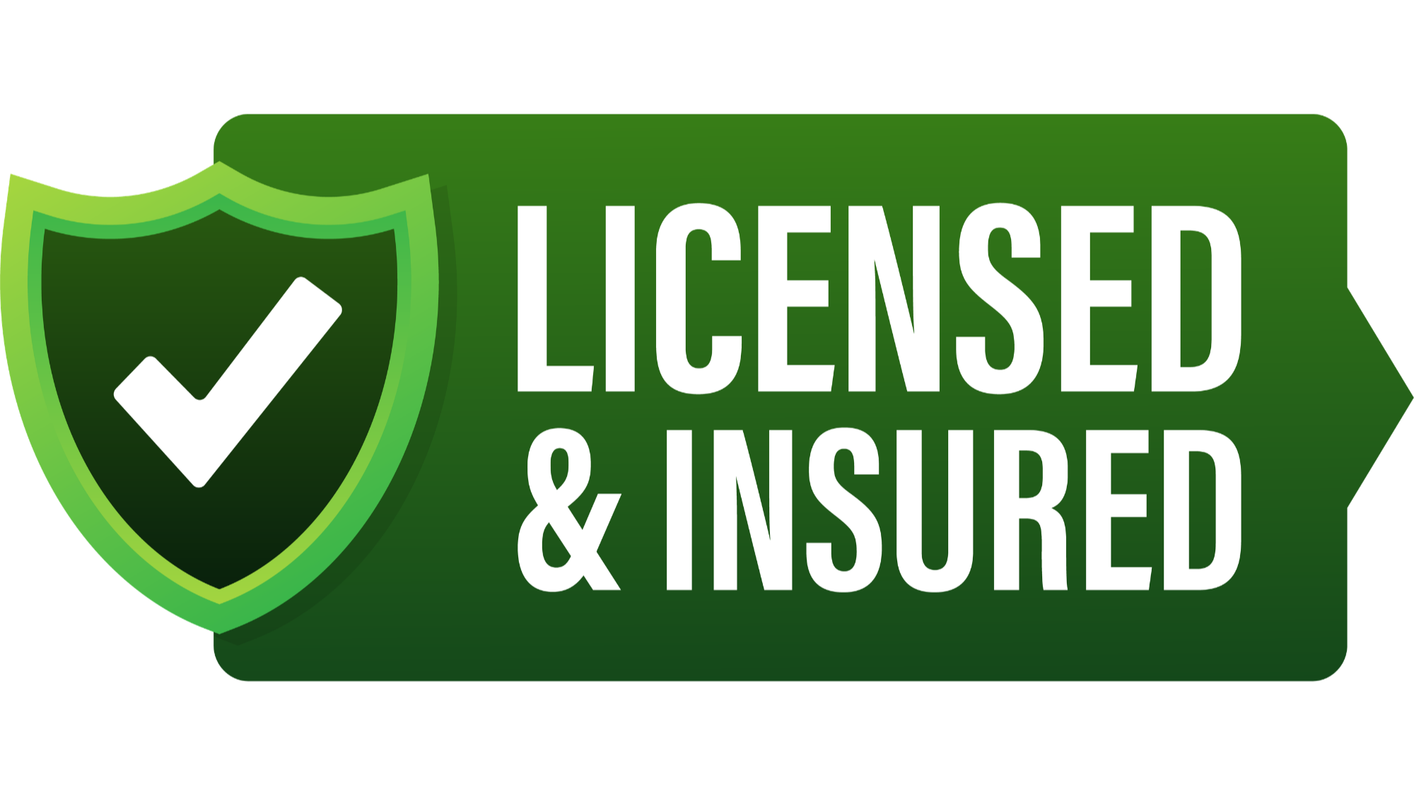 A green badge with a shield and check mark icon, featuring the text "LICENSED & INSURED" in white.