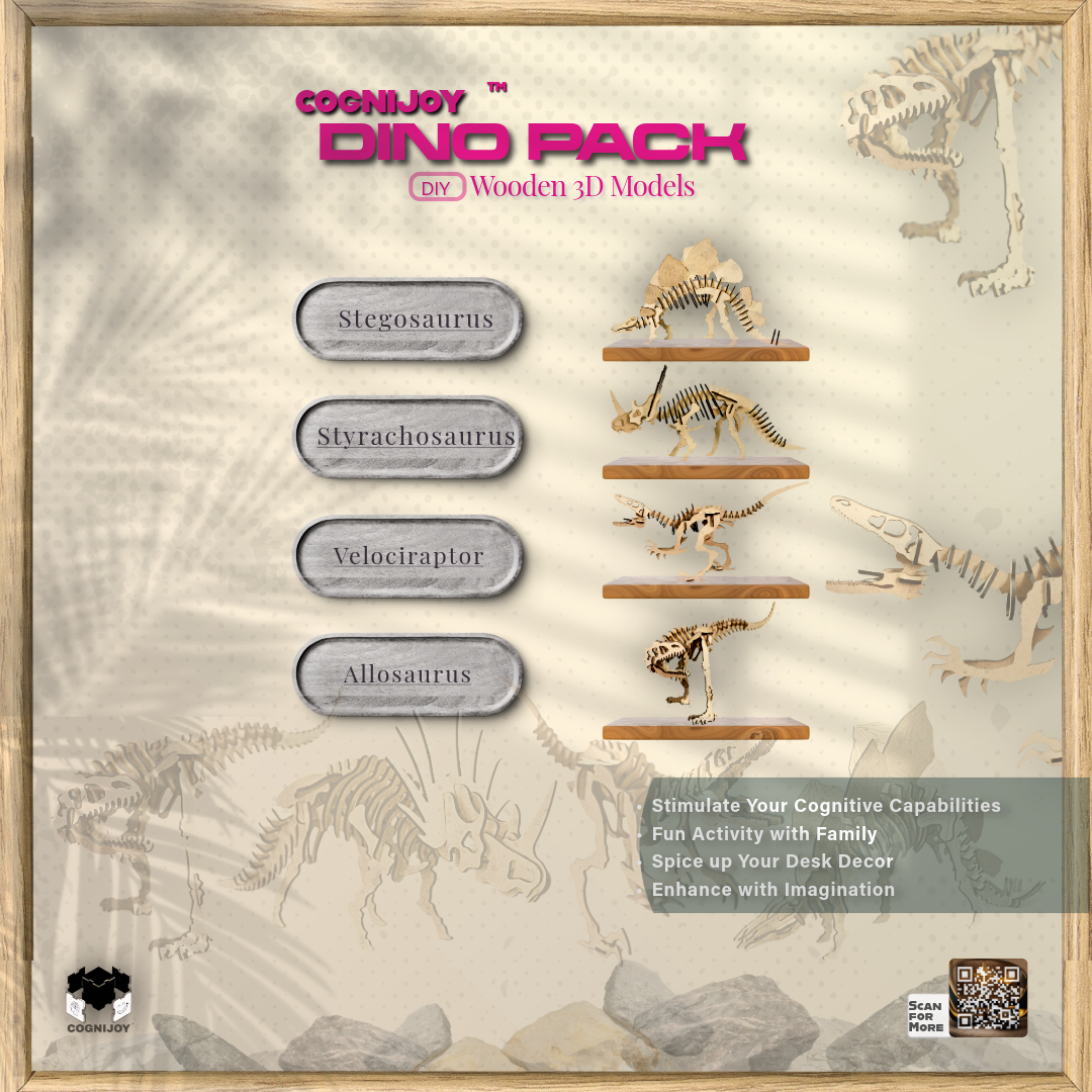 A display board titled "Cognjoy Dino Pack" showcasing four wooden 3D dinosaur models with labels for each: Stegosaurus, Styracosaurus, Velociraptor, and Allosaurus. The background has illustrations of dinosaur skeletons with a wooden frame and a QR code in the bottom right corner.