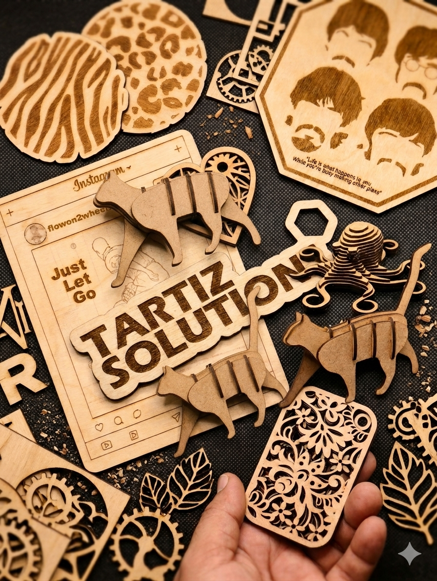 Various laser-cut wooden items including animal shapes, decorative panels, and signs, some with engraved text and designs, spread out on a dark surface.