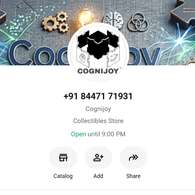 Business profile for Cognijoy, a collectibles store,  store hours until 9:00 PM, with options to view catalog, add items, and share the profile. The background features scientific imagery and icons such as gears, a lightbulb, and atoms.