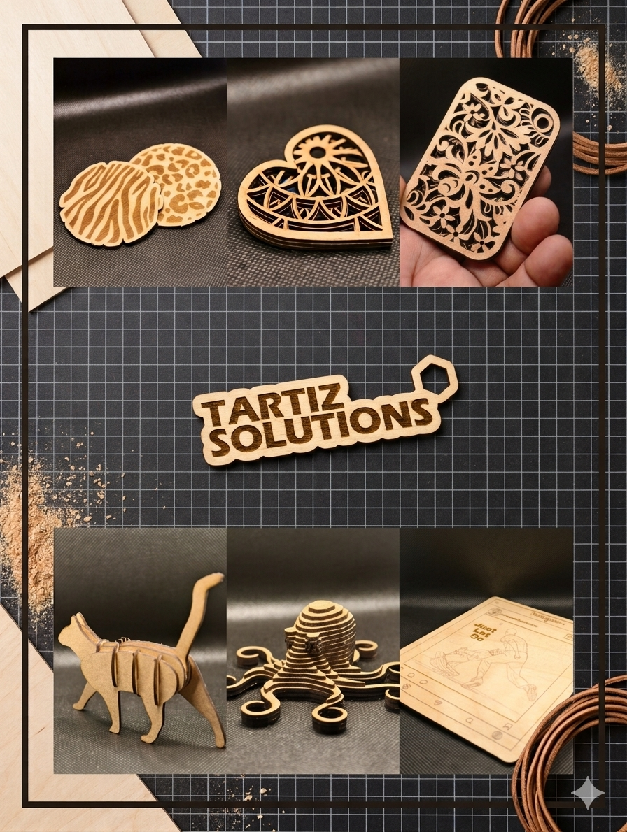 Display of various laser-cut wooden objects, including patterned tags, a "TARTZ SOLUTIONS" sign, a stylized cat, an octopus, and a wooden puzzle, arranged on a black grid background with crafting supplies.