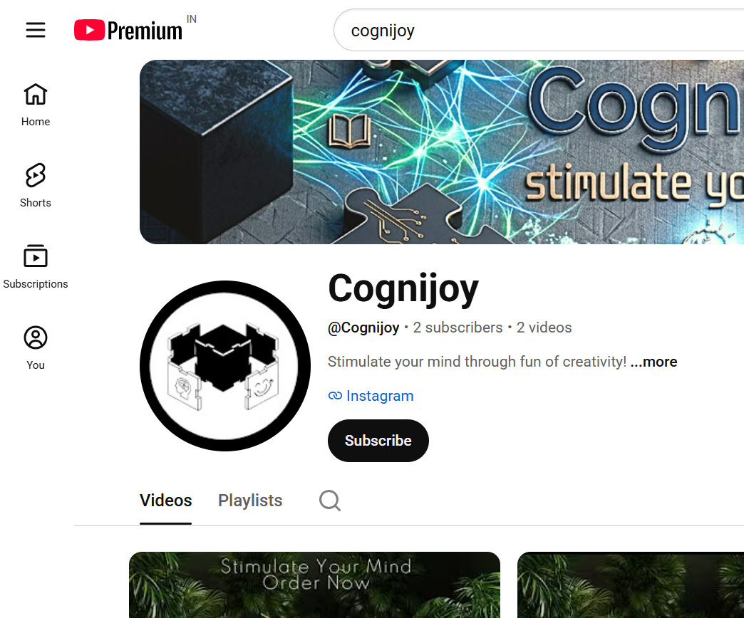 YouTube channel page for Cognjoy with a banner about stimulating the mind, and a black and white logo of a brain with interconnected puzzle pieces.