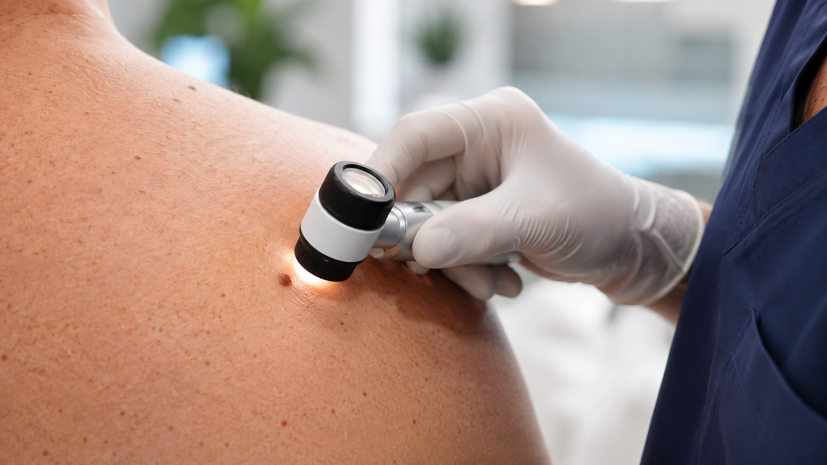 Close up view of a doctor performing a mole check on a patient's shoulder