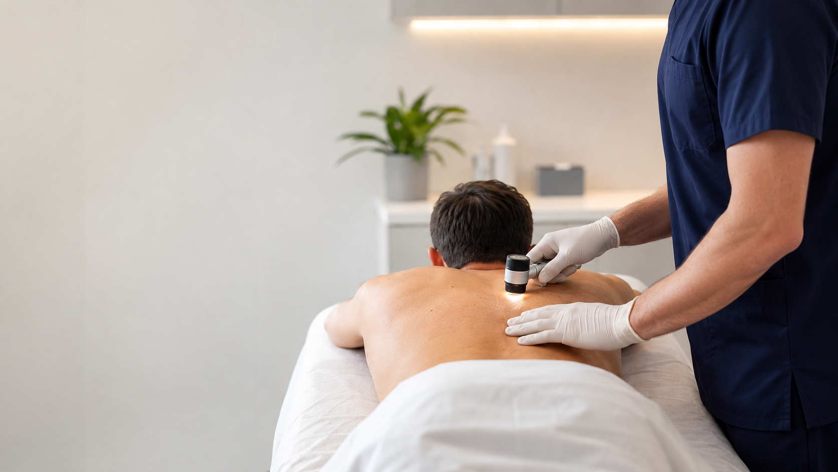 Skin doctor performing a full skin check on a patient in a modern and clean clinic