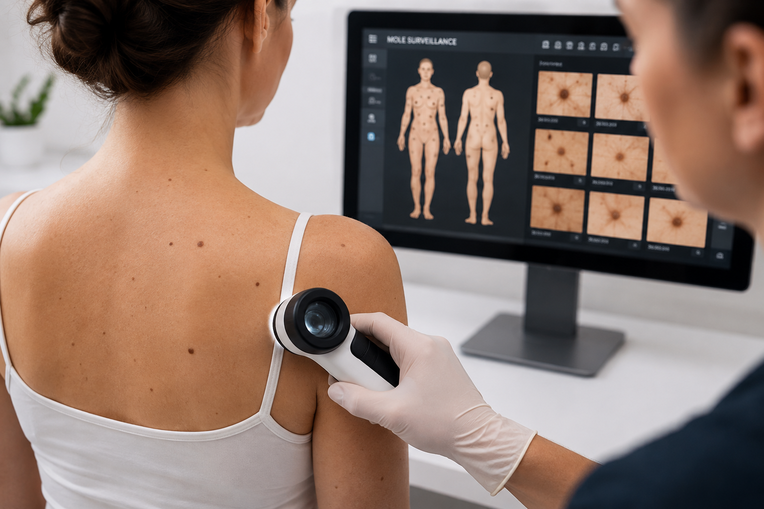 Doctor assessing mole on patient using dermoscopy.