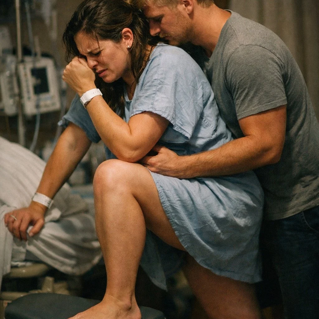 A woman in a hospital gown experiencing labor pain, supported by a man holding her around the waist in a hospital room.