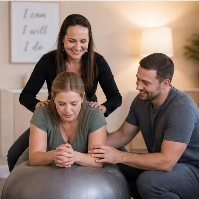A woman participating in a group therapy session with a man and a woman supporting her.