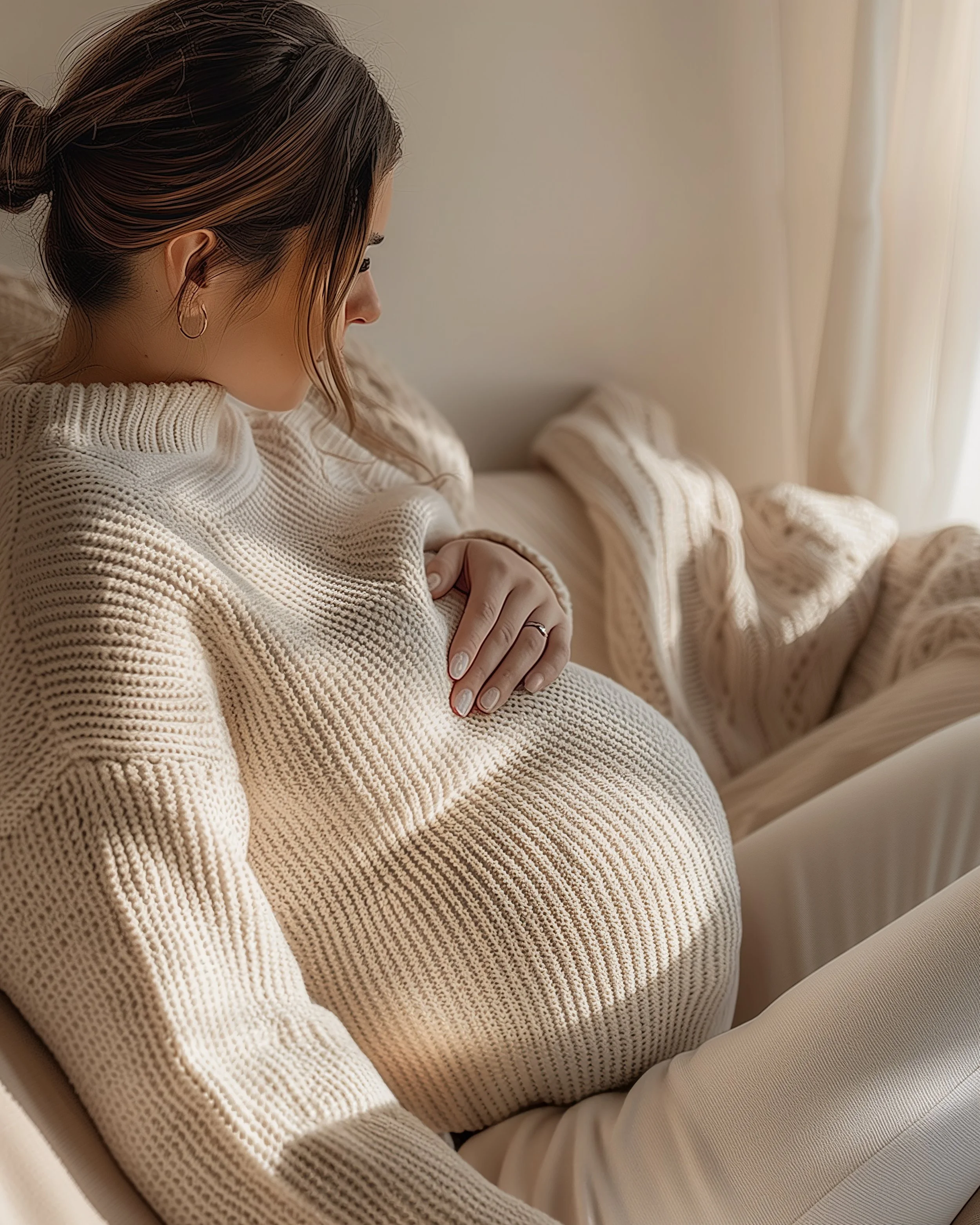A woman with brown hair pulled back, wearing earrings and a beige knitted sweater, sitting on a beige sofa with beige and cream pillows, near a window with curtains.