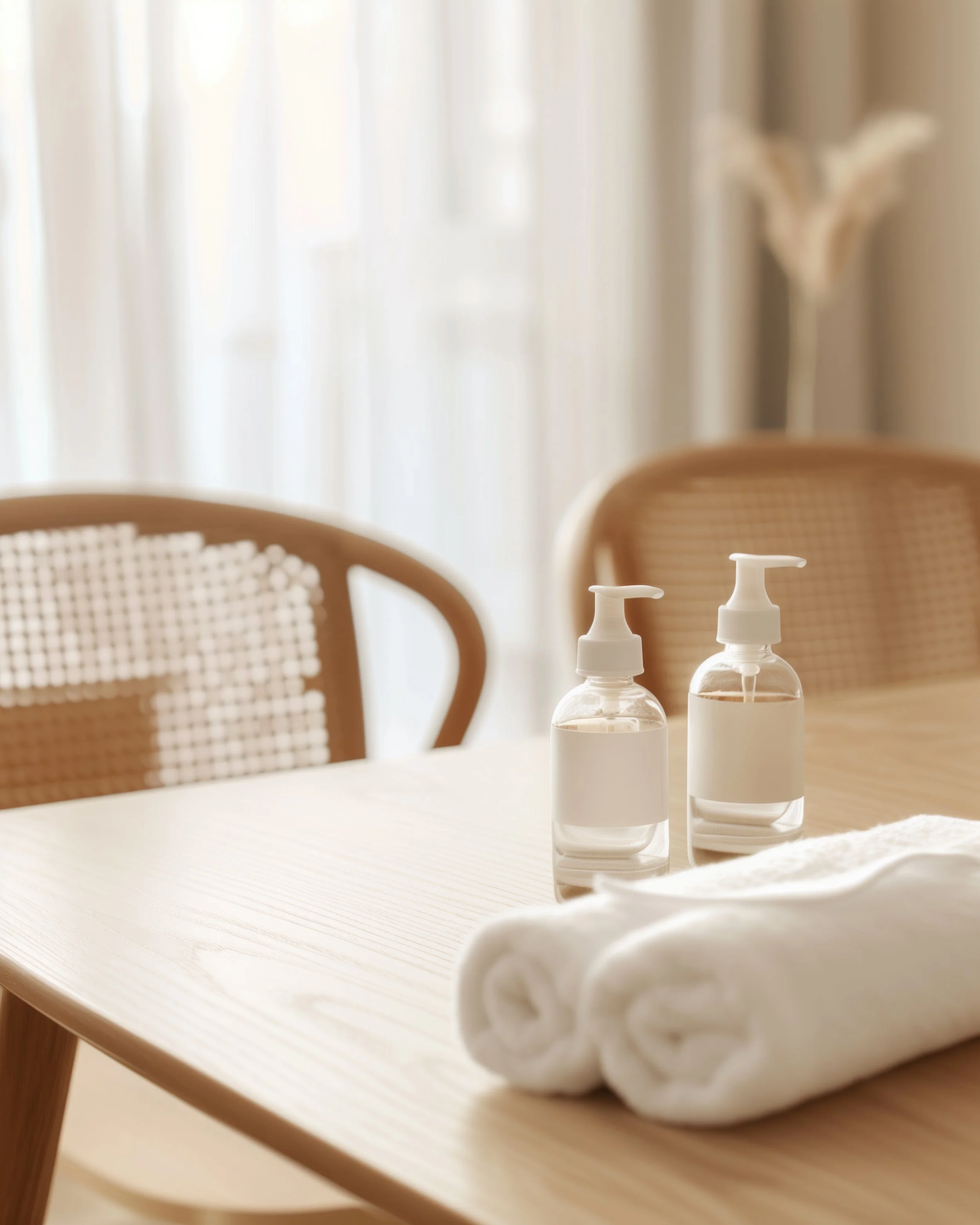 Two bottles of hand sanitizer on a table with a white towel, with chairs and a window with curtains in the background.