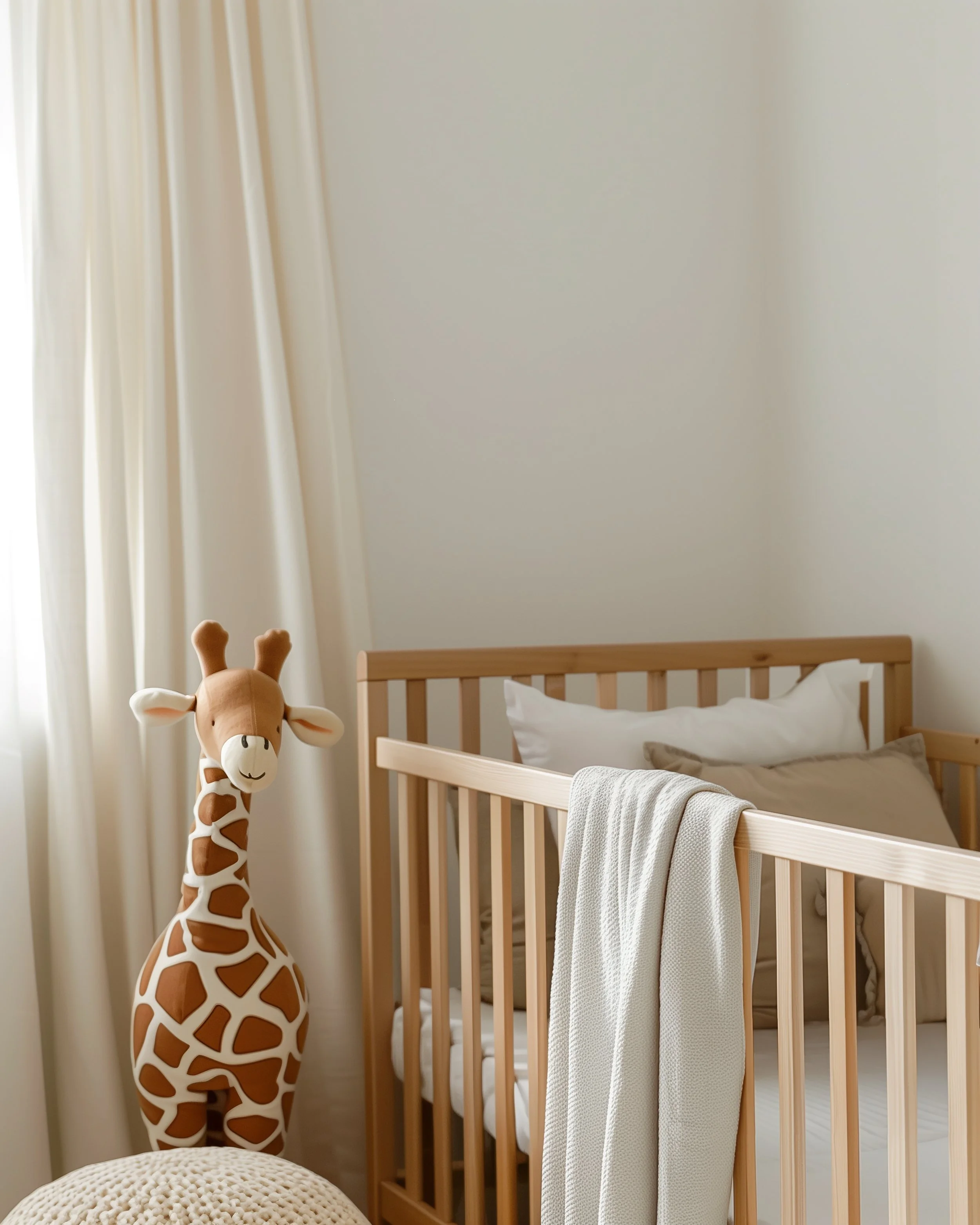 A nursery with a wooden crib, a plush giraffe toy, cream curtains, a white blanket on the crib, and a textured round pillow on the floor.