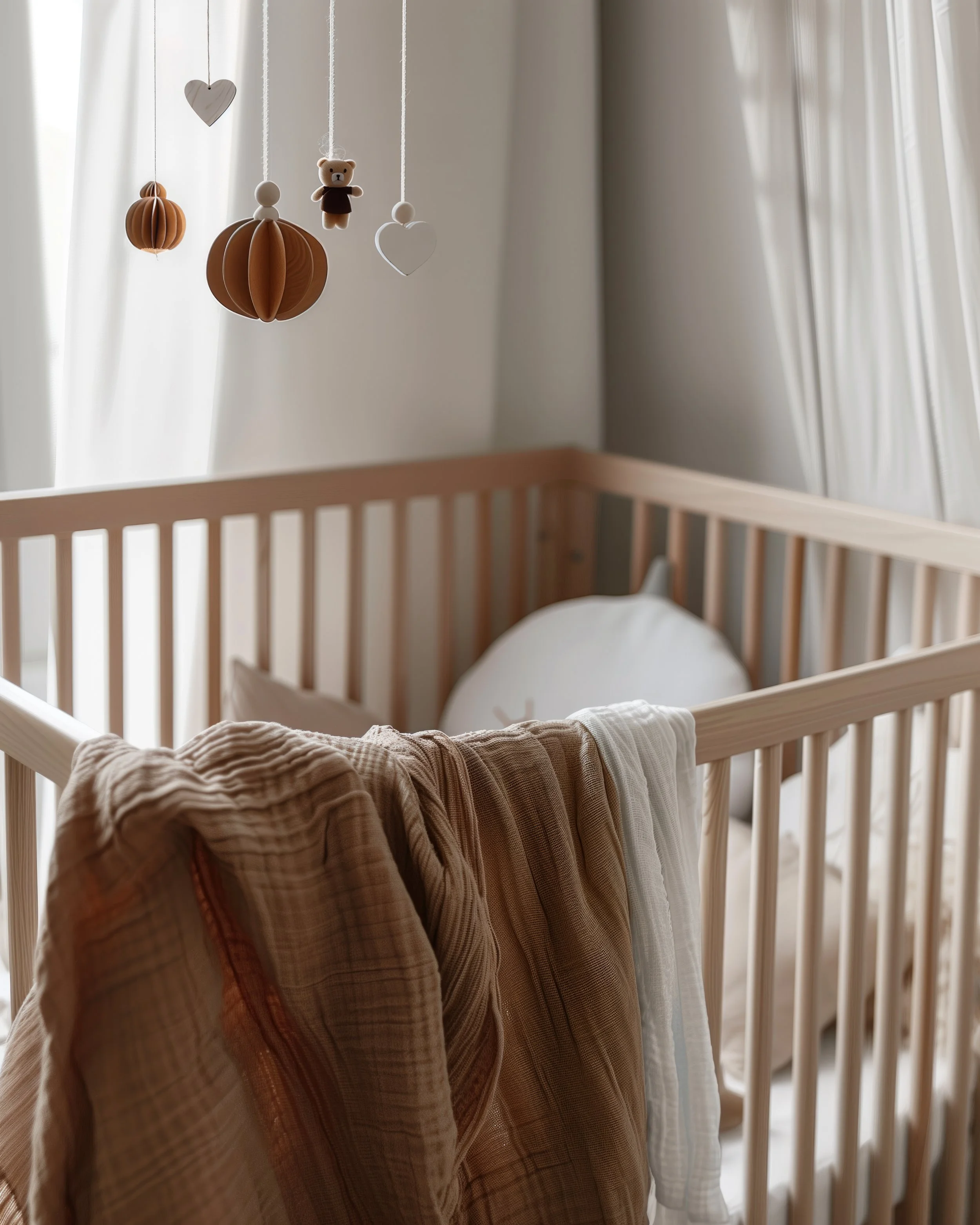 A close-up of a wooden crib with colorful baby clothes hanging on the side. In the background, light-colored curtains allow sunlight to softly illuminate the room.