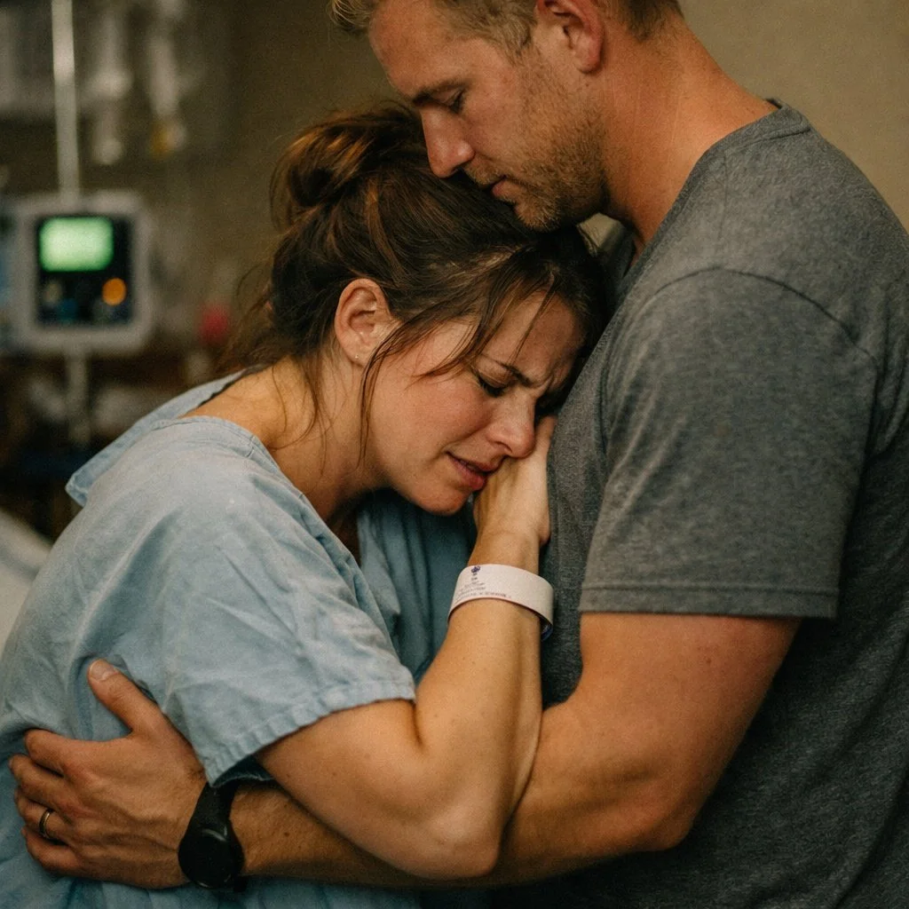 A woman in a hospital gown is crying and hugging a man, who is comforting her with his arms around her and his forehead touching her head.