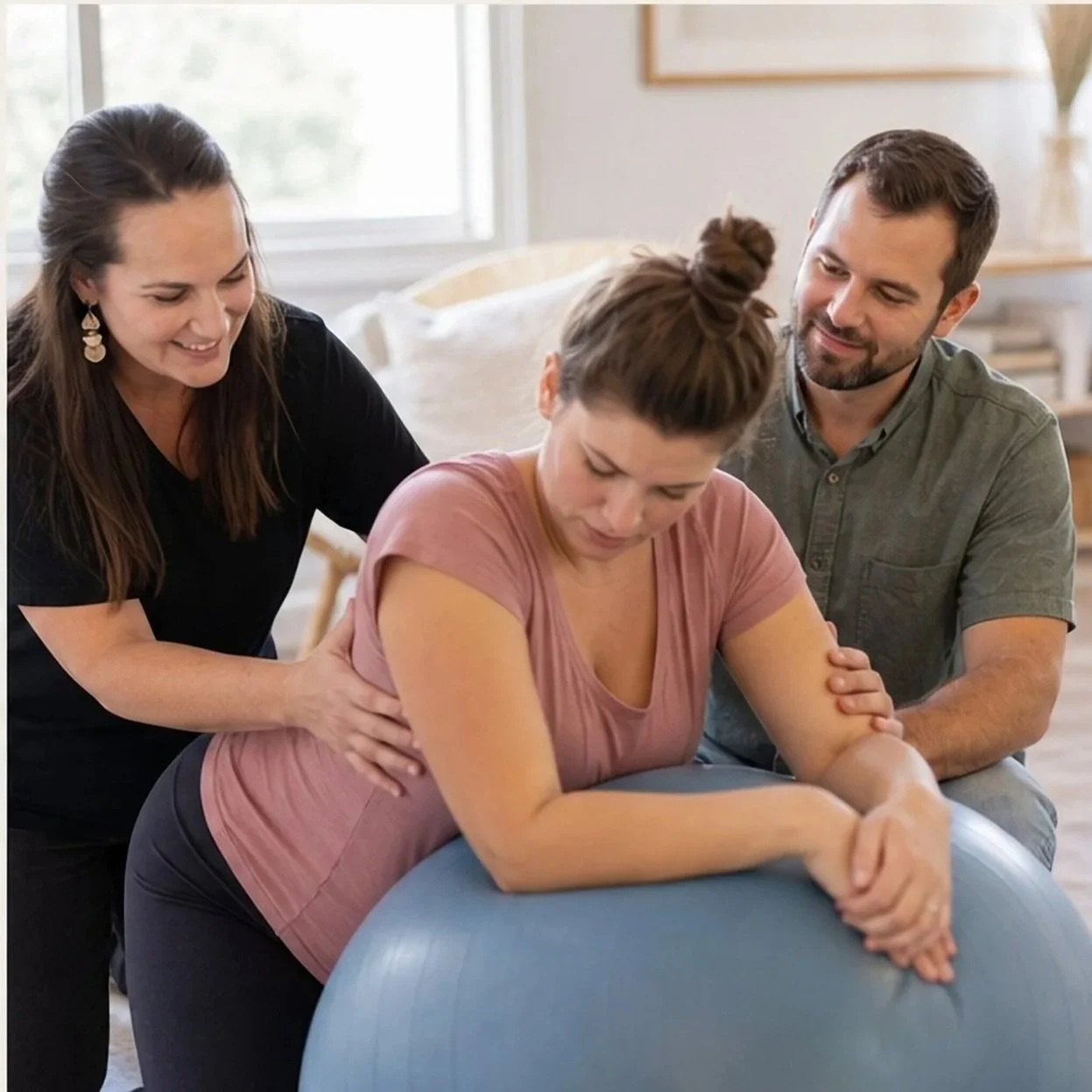 pregnant Woman receiving support on a birth ball with a woman doula and a man observing.