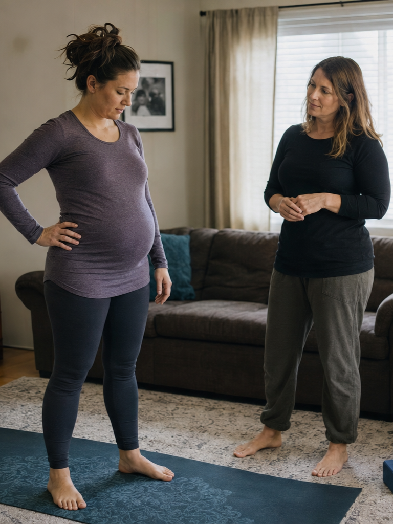 Pregnant woman standing on yoga mat with hands on hips while woman talks to her in living room