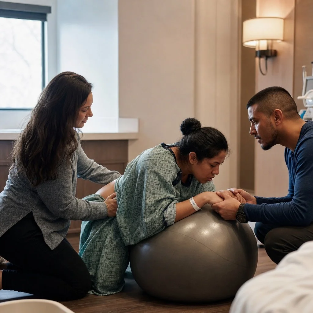 Family members pray together in a hospital room, with a woman on a birthing ball, two others holding her hands, showing support and comfort.
