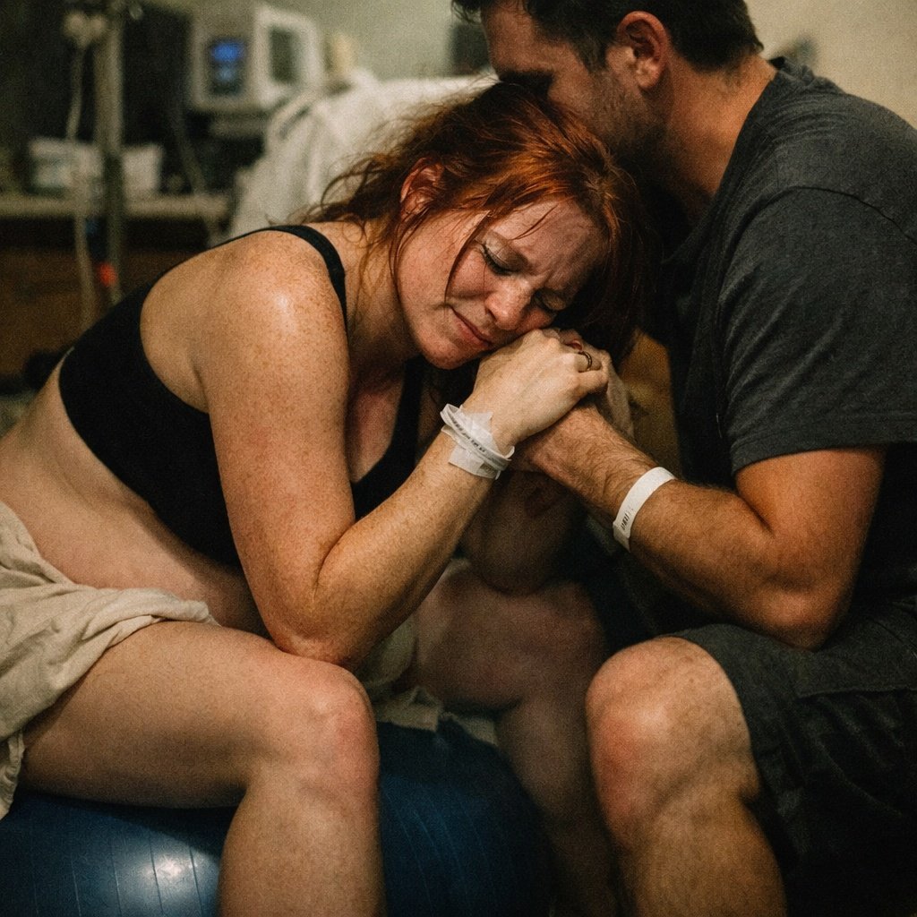 A woman in labor, sitting on a birthing ball, being comforted by her partner in a hospital room, with both of them holding each other's hands and sharing an emotional moment.