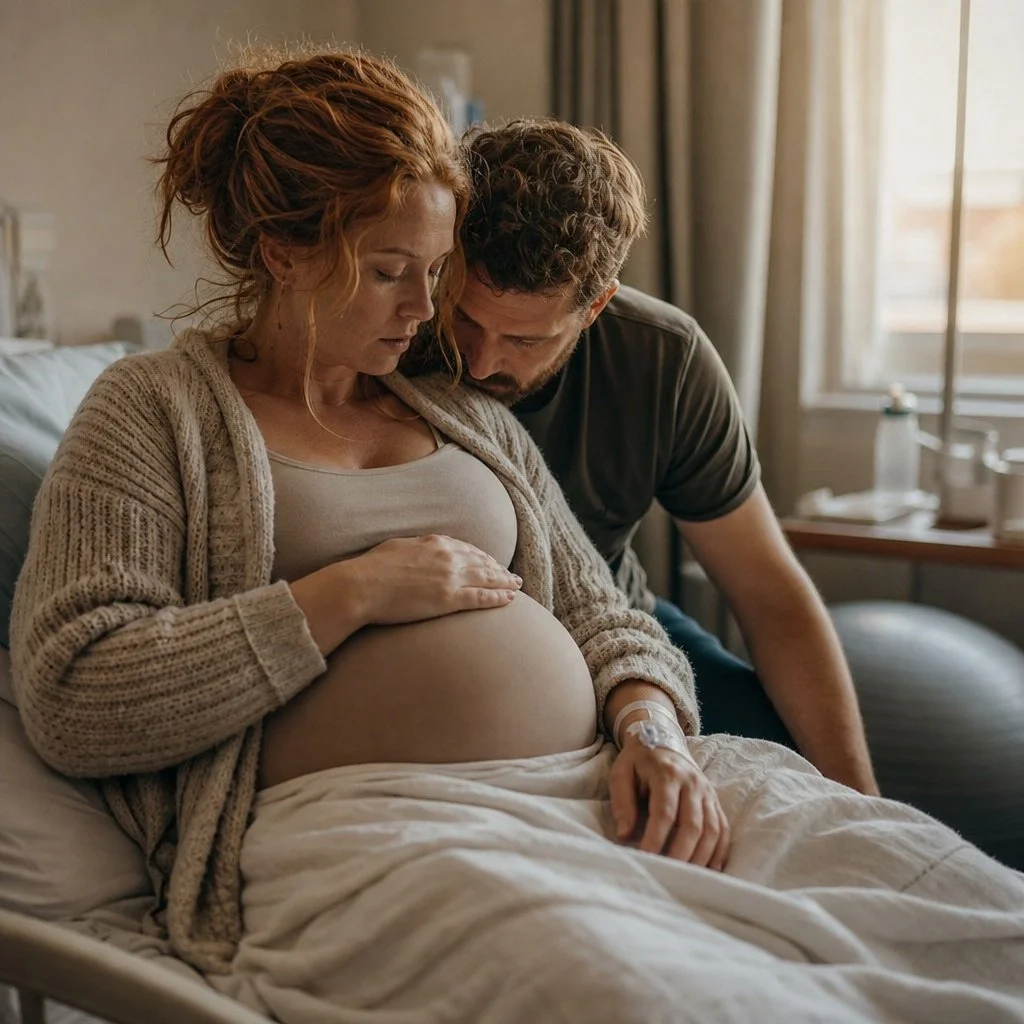 A pregnant woman in a hospital bed with a man leaning in close, both showing emotional connection and anticipation.