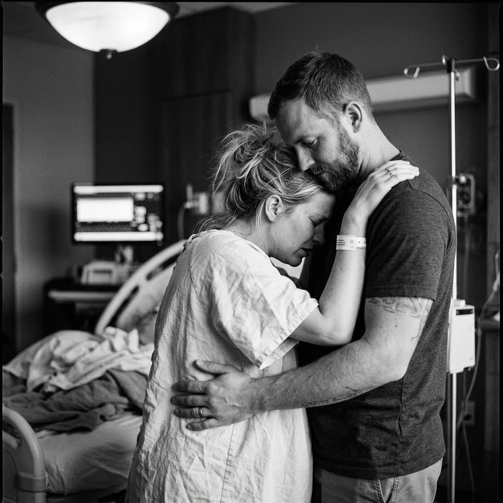 A woman in a hospital bed, wearing a hospital gown, embraces a man in casual clothing in a hospital room. The woman has her eyes closed and leans into the man, who gently holds her from behind.