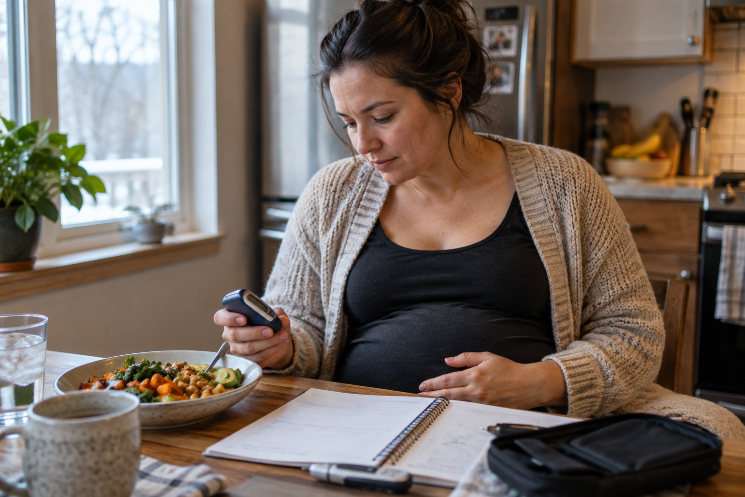 pregnant woman with gestational diabetes checking her glucose
