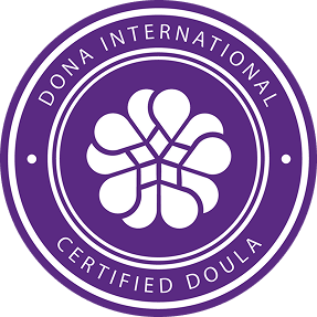 Dona International Certified Doulas logo with a purple background and a stylized flower design in white.