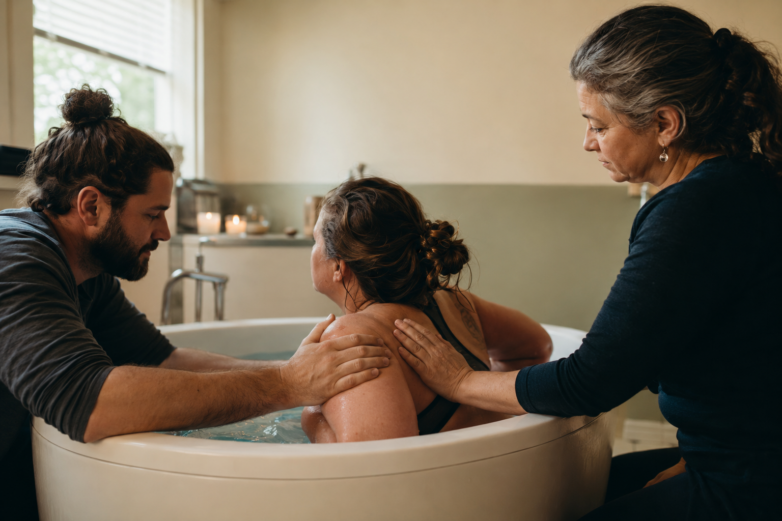 Laboring woman supported by her partner and midwife in a birth tub.