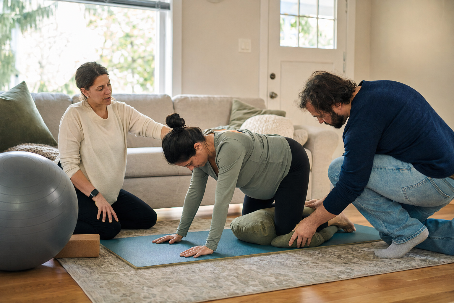 A woman practicing yoga on a mat with help from a man and a woman, inside a cozy living room with a large window and a gray sofa.