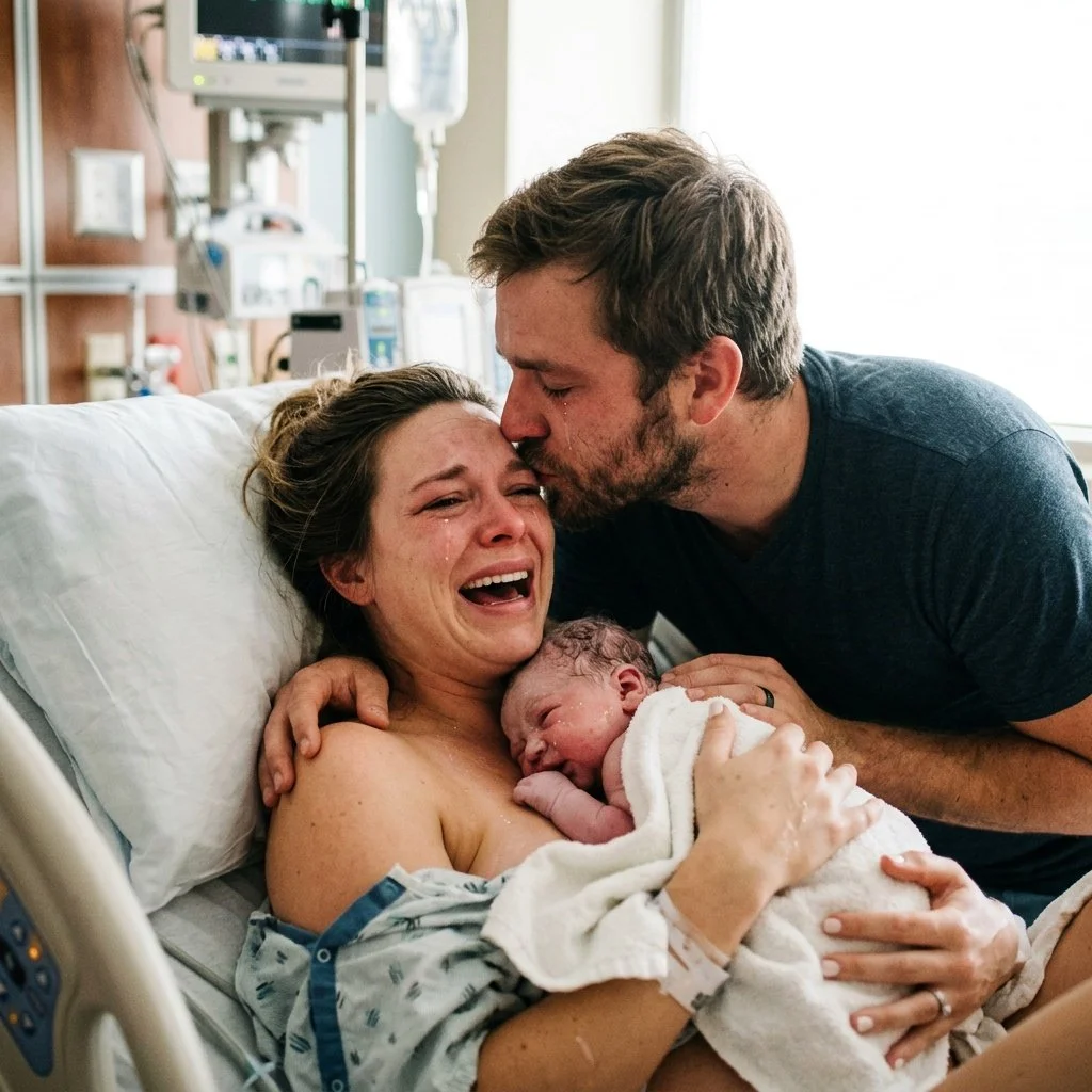 A woman in a hospital bed holding a newborn baby, with a man kissing her forehead in a hospital room.