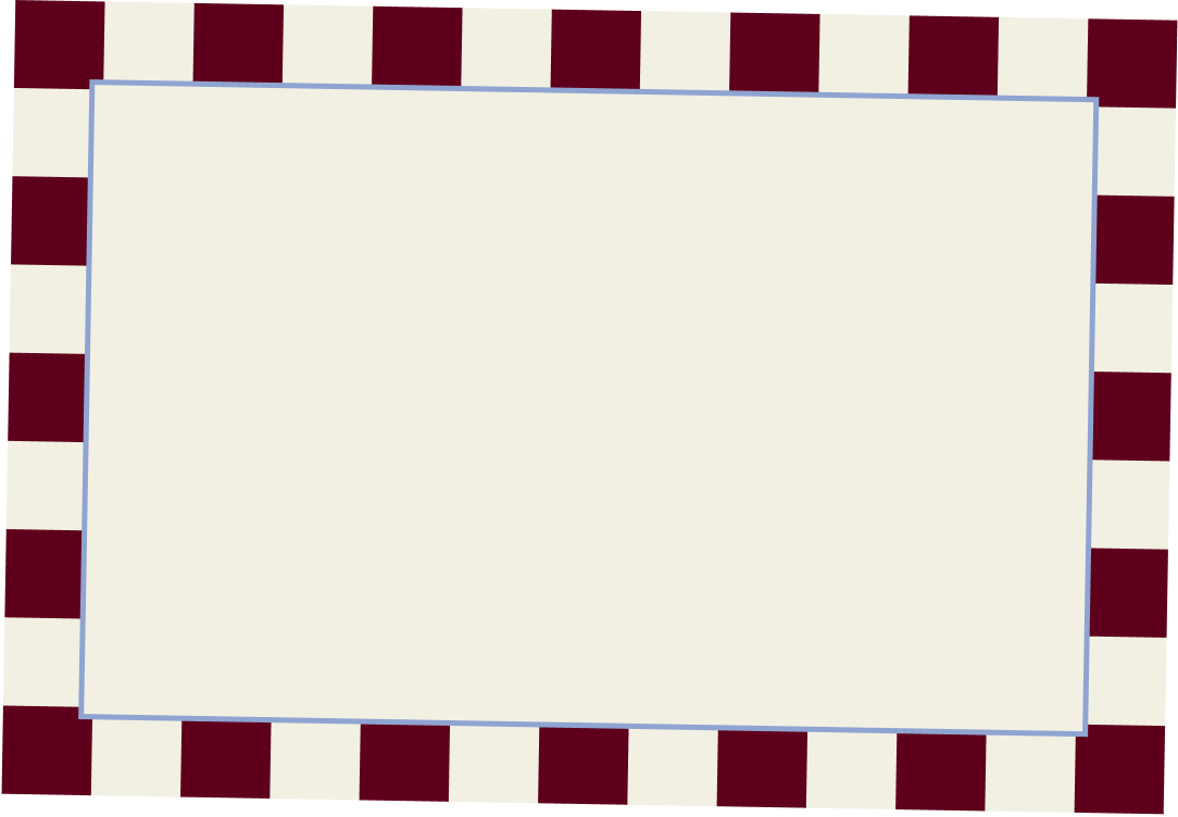 A blank rectangular sign with a thin blue border, placed against a red and white checkered background.