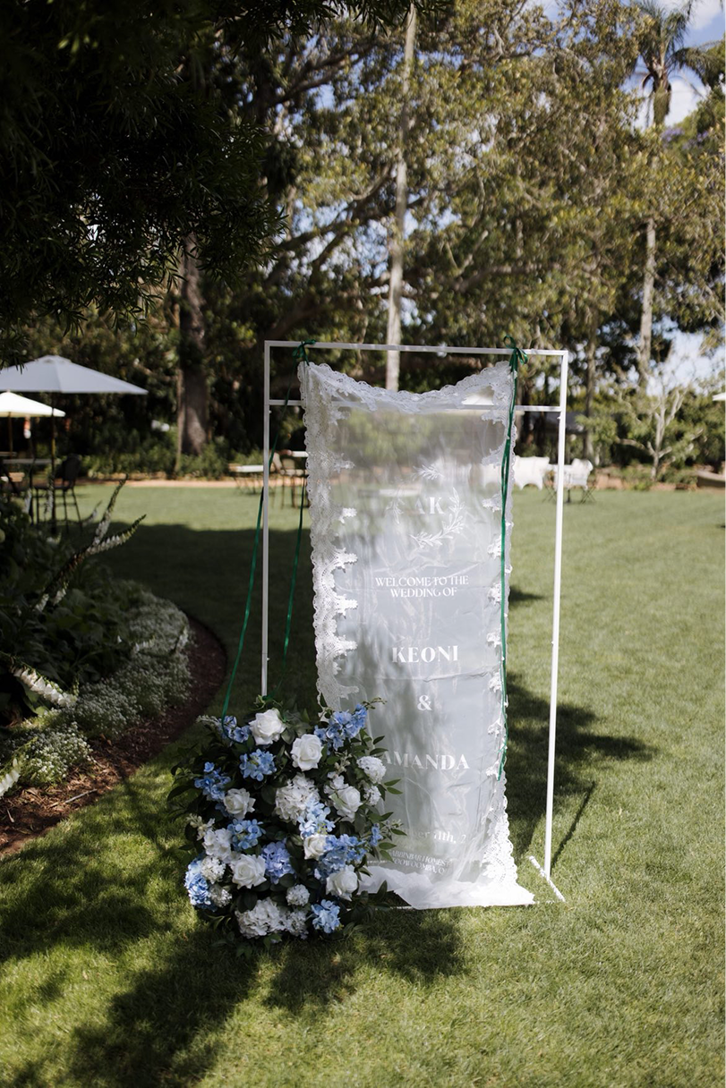 A wedding sign with floral decorations on a lush green lawn with trees in the background.