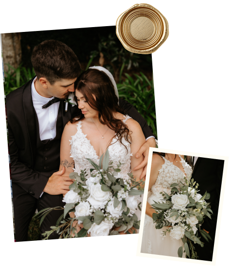 A bride and groom on their wedding day, standing outdoors, embracing and looking at each other. The bride is holding a bouquet of white and green flowers. There is a smaller inset photo of the bouquet, and a gold ring at the top of the image.