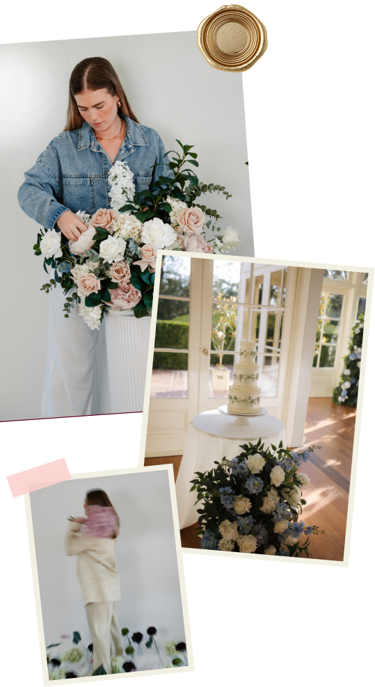 A woman arranging a large bouquet of roses and greenery, a tiered wedding cake on a table in a bright room with large windows, and a blurred woman in a white outfit holding a pink bouquet in front of a floral backdrop.