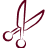 A pair of scissors cutting a piece of paper against a transparent background.