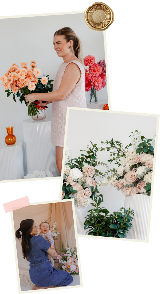A woman in a pink dress holding a bouquet of peach-colored flowers, surrounded by various floral arrangements and vases, with a little girl sitting nearby.