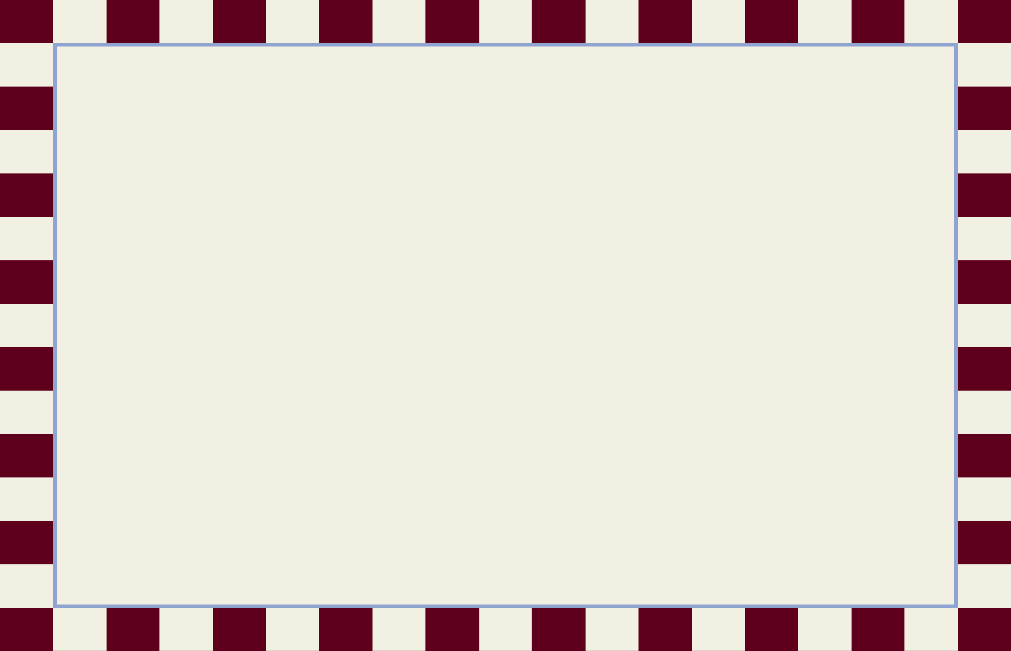 A blank large beige card with a light blue border, lying on a checkerboard patterned surface with red and cream alternating squares.