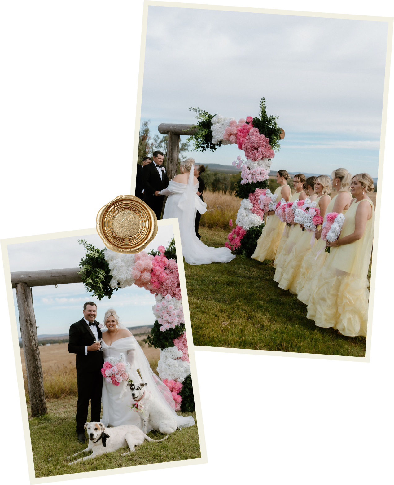 A collage of two wedding photos on a grassy outdoor field with a wooden arch and pink and white floral decorations, including bride, groom, bridesmaids, and dogs.