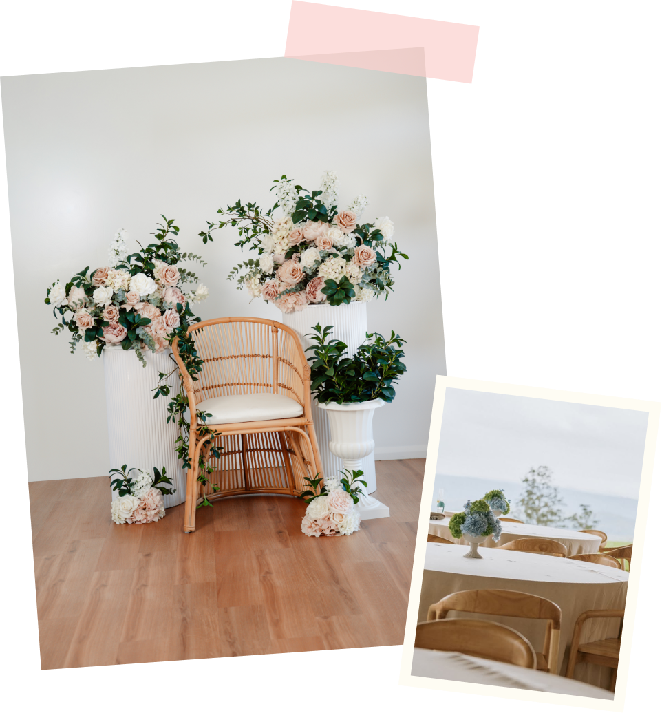 Wedding decor featuring large floral arrangements with pink and white roses and greenery in white vases, a wicker chair with a white cushion, and a separate image of a table with hydrangea flower centerpieces overlooking a scenic landscape.