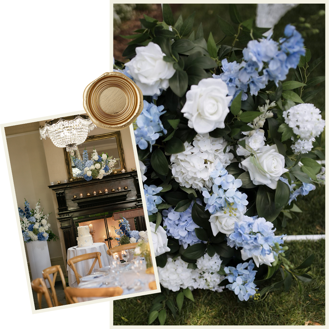 Close-up of a flower arrangement with white roses, blue hydrangeas, and greenery, at a wedding or event.