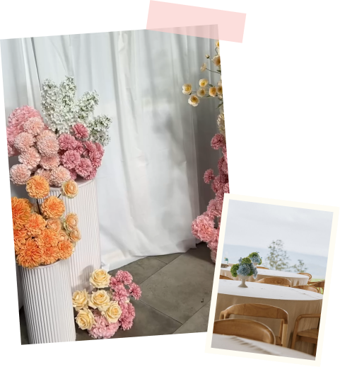 Arrangements of pink, peach, and white flowers in tall vases and clusters, with a smaller photo of a table with a floral centerpiece outdoors and wooden chairs.