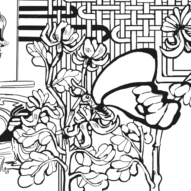 Monarch butterfly sat on a columbine flower with a half-blank wing to encourage people to color in their own design