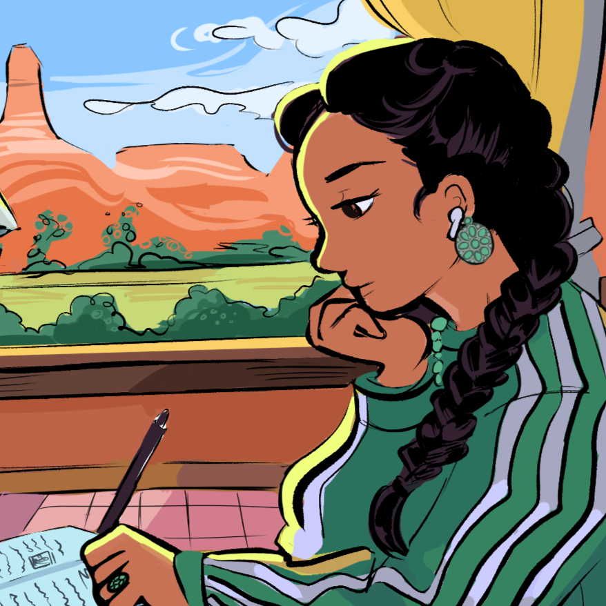 "Native Lofi Girl" is specifically drawn to be Navajo and is wearing turquoise jewelry (earrings, necklace and ring). Her background is similar to the canyons of Monument Valley, AZ.