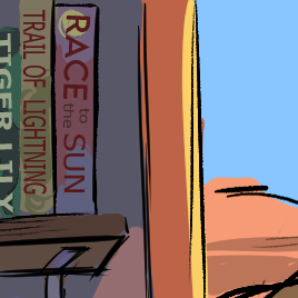 Her bookshelf is filled with novels with Indigenous protagonists: Race to the Sun by Rebecca Roanhorse, Trail of Lightning by Rebecca Roanhorse, and Tiger Lily by Jodi Lynn Anderson.